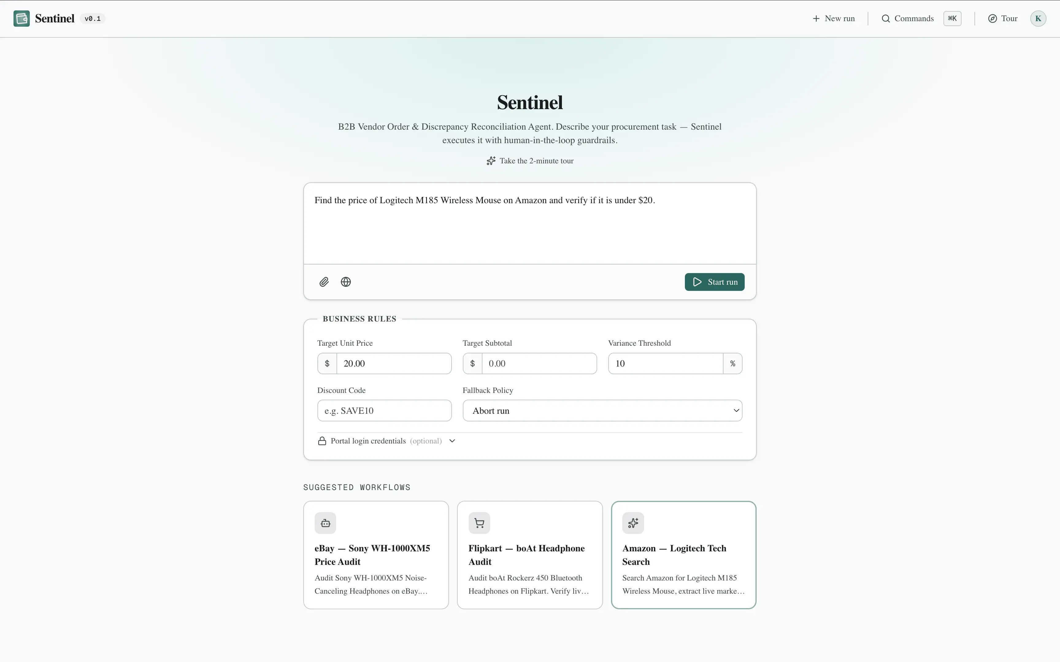 Sentinel goal input screen: write a procurement task and set price targets
